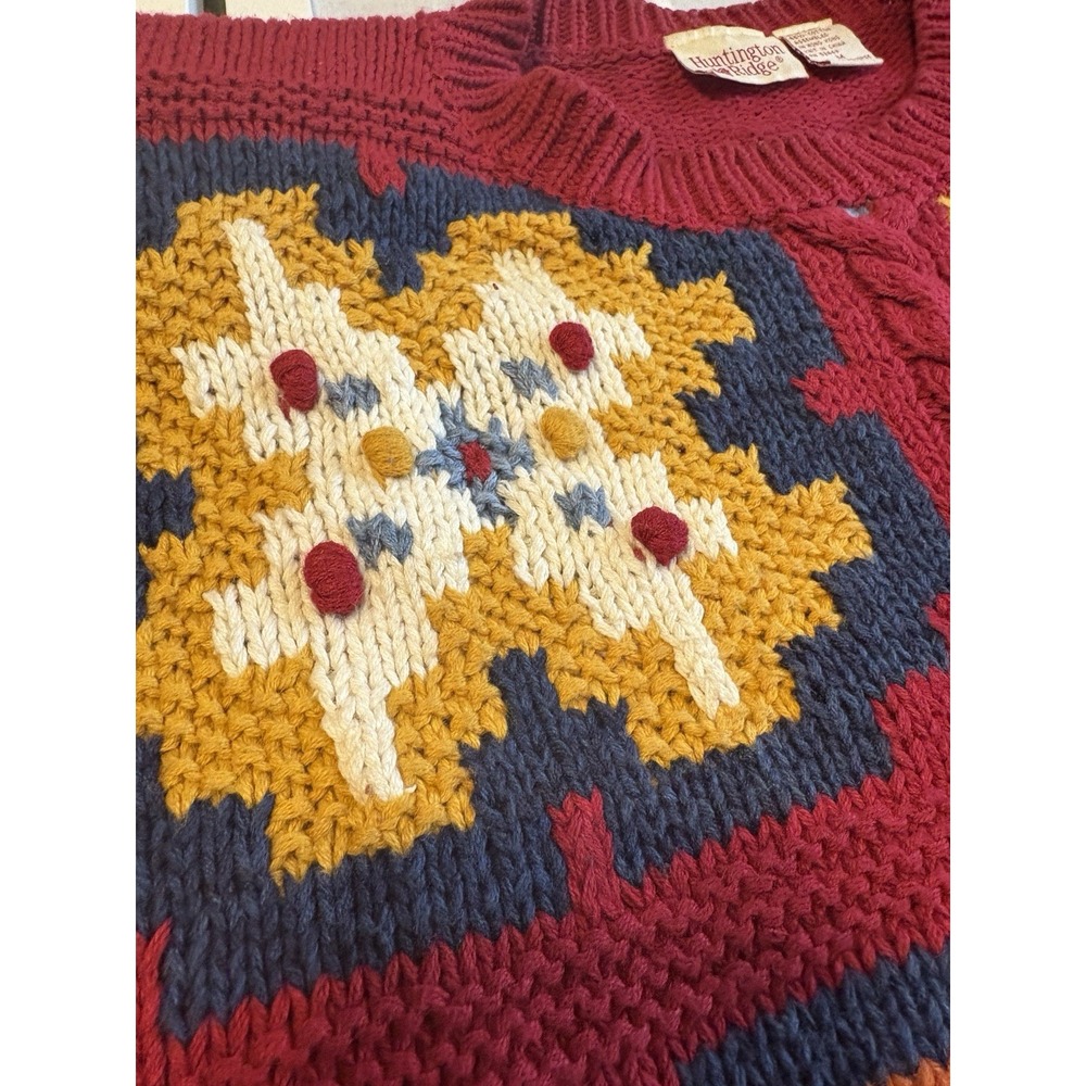 Vintage 80s Huntington Ridge Sweater Womens Medium Red Ramie Knit Geometric - Picture 3 of 10